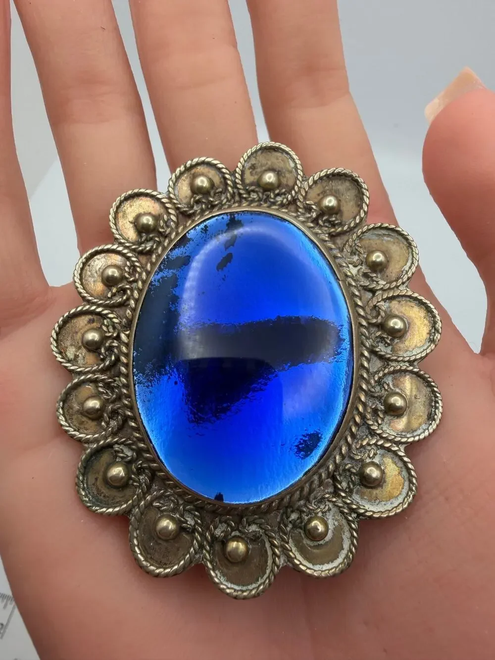 Vintage Large Alpaca Art Deco blue Jelly Belly Brooch Pendant